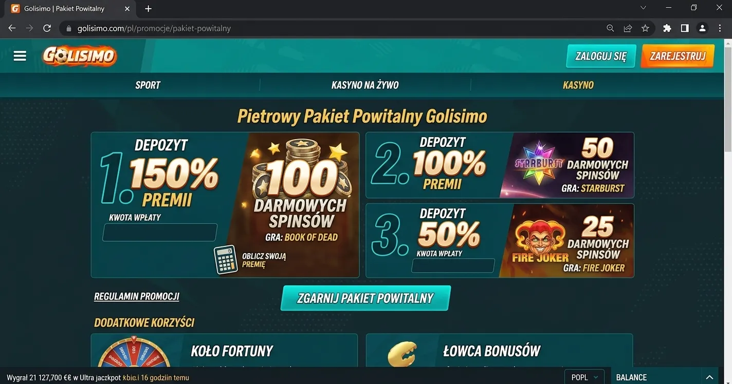 Infografika przedstawiająca strukturę pakietu powitalnego Golisimo Casino