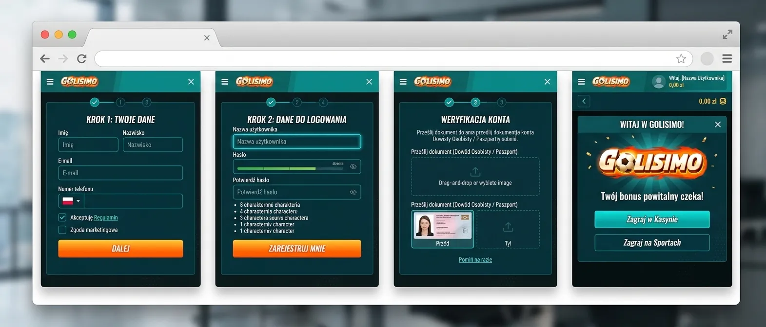 Zrzuty ekranu z procesu rejestracji w Golisimo Casino