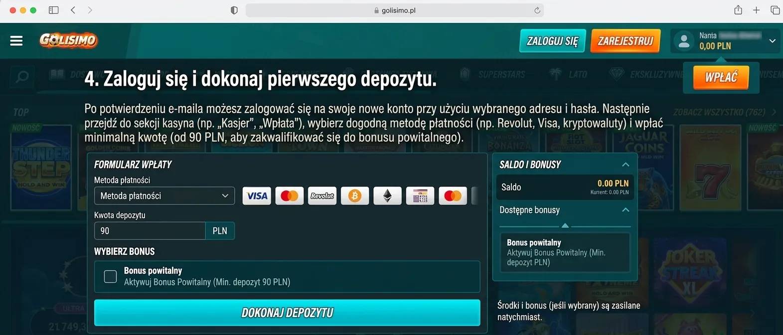 4. Zaloguj się i dokonaj pierwszego depozytu