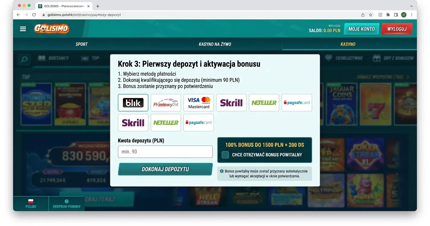 Krok 3: Pierwszy depozyt i aktywacja bonusu